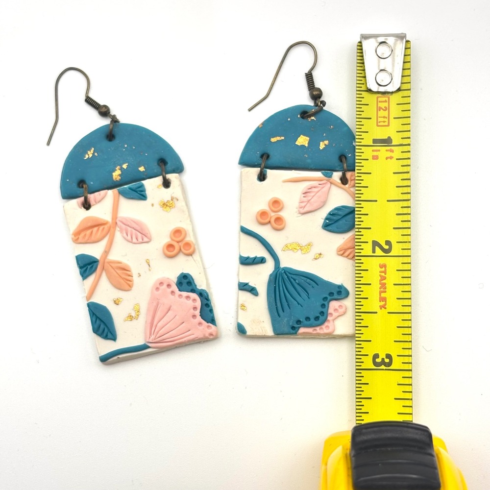 Handmade‎ Polymer Clay Peach Teal Floral Gold Flecks Rectangular Dangle Earrings - Picture 2 of 5